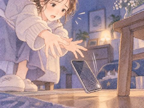 女性の手から床へ落ちかけているスマホ