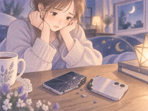 壊れたスマホを前に手を止める大人の女性