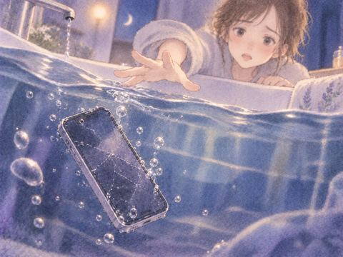 透明な水の中へ沈んでいくスマホ