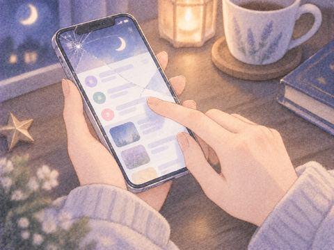ヒビのある画面を操作できているスマホ