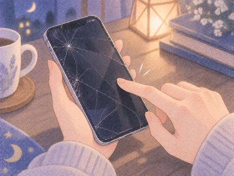 反応しない割れたスマホ画面を触る指先