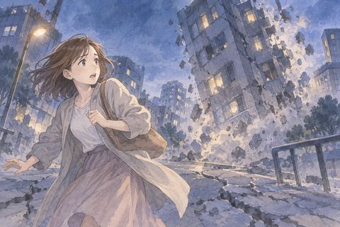 地震で揺れる建物の前に立つ女性
