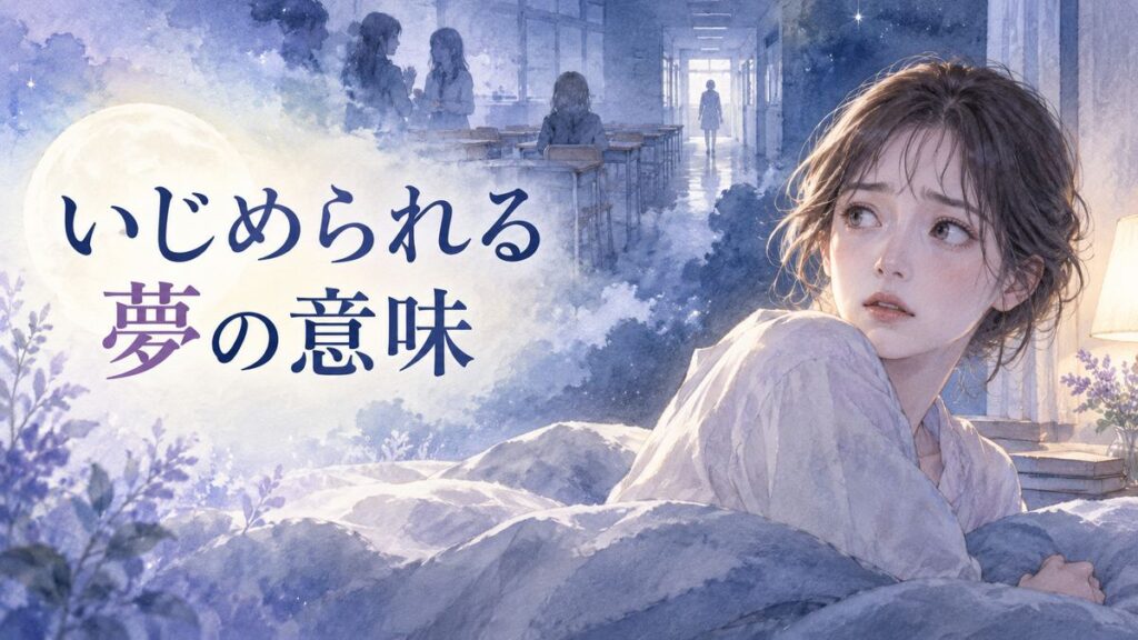 夜の部屋で不安そうに振り返る女性と、遠くに浮かぶ教室や人影の夢のイメージ