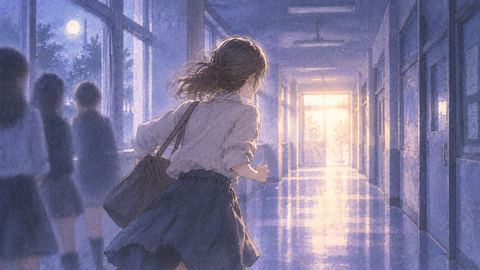 夢の廊下を明るい出口へ向かって走る人物