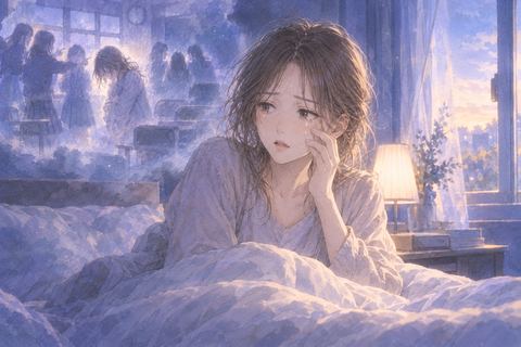 夜明け前のベッドで目覚め、頬の涙に気づく人物