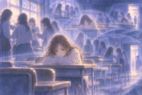 同じ教室と人物の場面が半透明に何重にも重なって見える夢