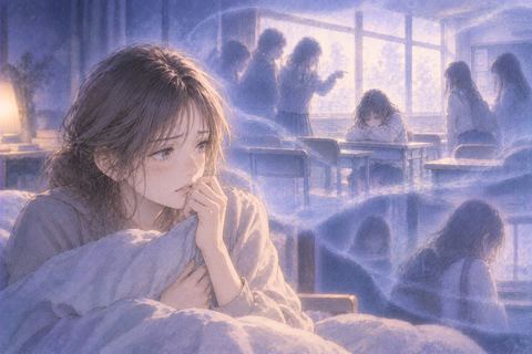 現在の大人の人物と昔の教室の場面が重なって見える夢