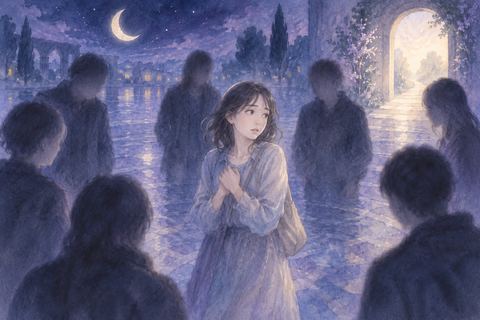 顔のはっきりしない複数の人影に囲まれ、戸惑う人物