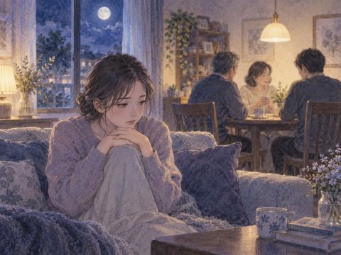 夜の居間で家族から少し離れて座り、言葉を飲み込むような人物