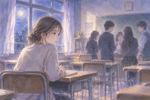 教室で同級生の輪から少し離れた席に座る人物