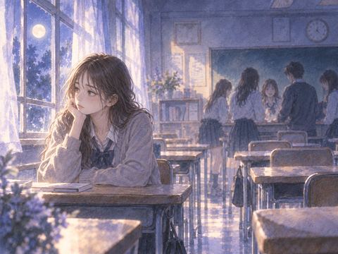 教室の端で一人だけ離れて座る人物と、奥に集まる同級生たち
