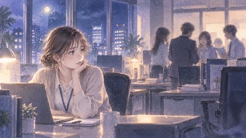 夜のオフィスで一人だけ離れた席に座る人物と、奥で話す同僚たち
