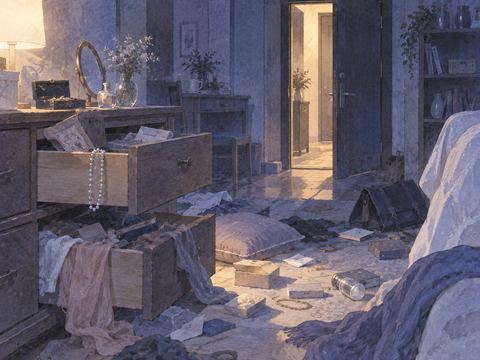 引き出しや小物が散らかった夜の部屋