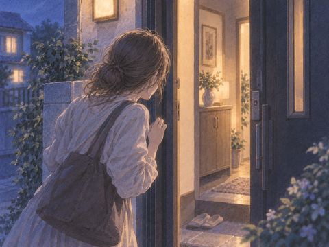 知らない家の入口でためらう大人の女性