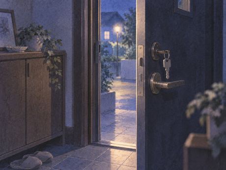 鍵が開いた玄関と夜の淡い外光
