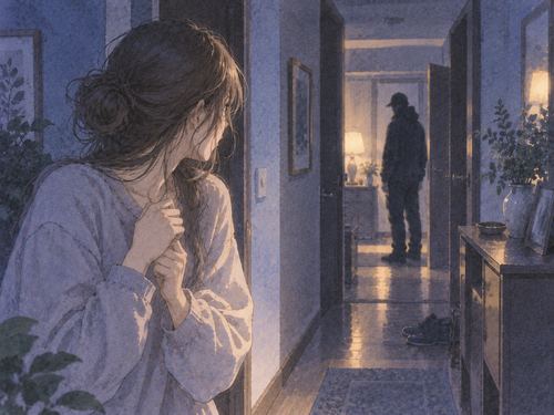 室内で離れて向き合う女性と人影