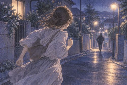 夜道を逃げる人物と遠くの人影