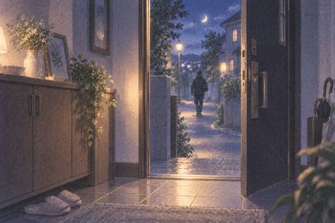 開いた玄関から遠ざかる人影