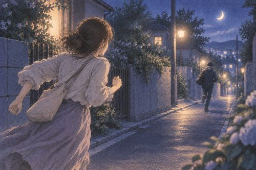 遠ざかる人影を追って走る人物