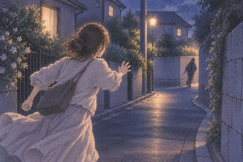 曲がり角へ消える人影を追う人物