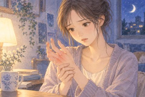 赤みのある手を気にして見つめる女性