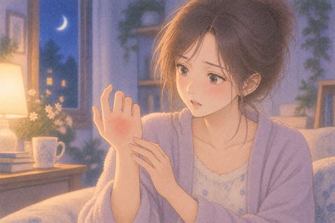赤みのある手を不思議そうに見る女性