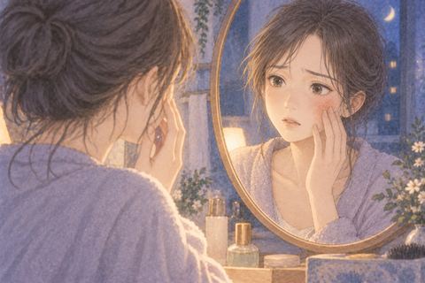 鏡で頬の赤みを確かめる女性