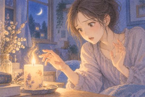 小さな炎へ手を伸ばして驚く女性