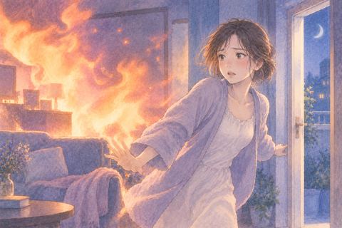 広がる炎から離れようとする女性