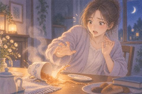 こぼれた熱い湯に驚いて手を引く女性