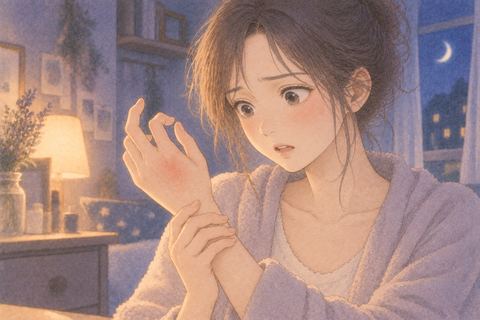 自分の手の赤みを静かに見つめる女性