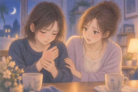 手を痛めた人を心配そうに見る女性