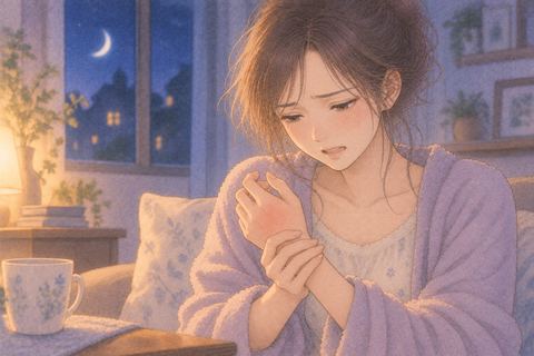 痛む手をかばいながら顔をしかめる女性