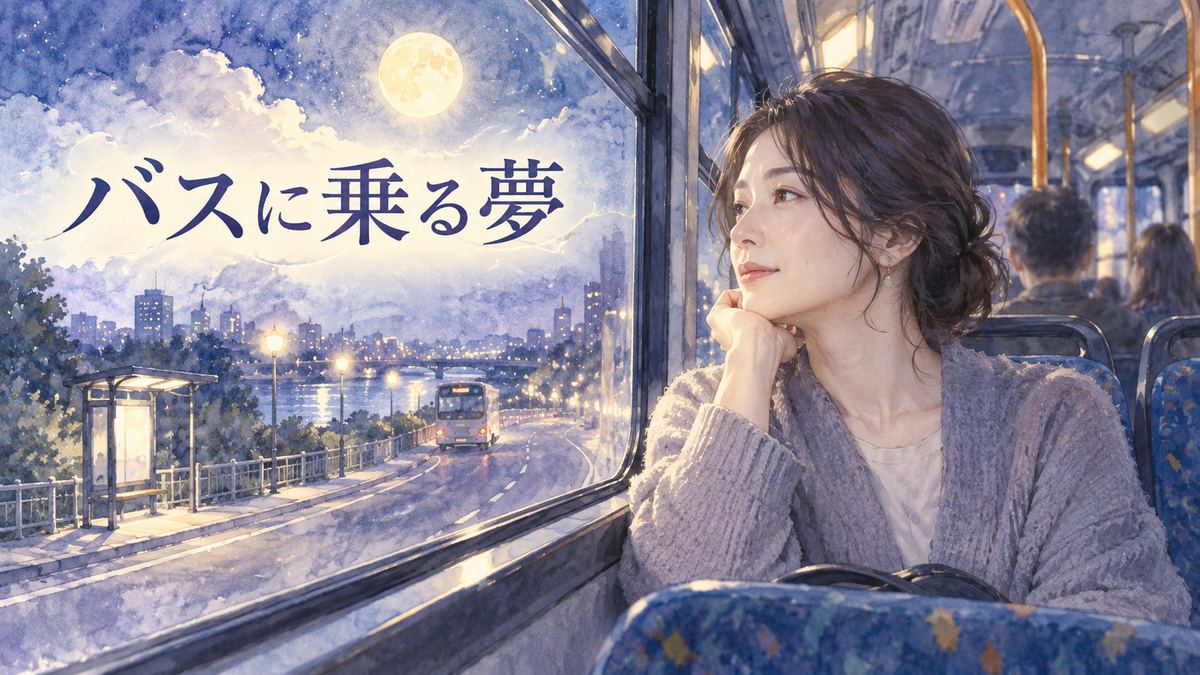夜のバス車内で窓の外を見つめる大人の女性と月明かりの街並み