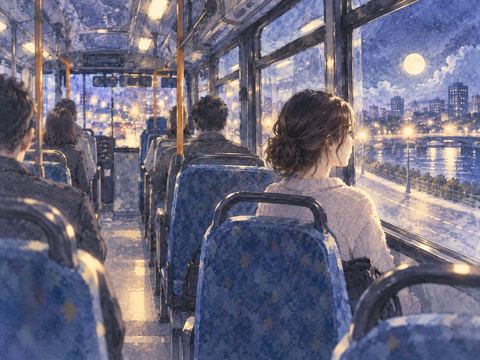 夜のバスで1人静かに窓際へ座る乗客