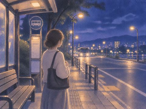 夜のバス停でバスを待つ人