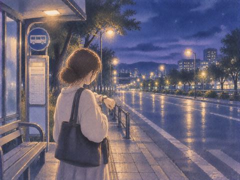バスが来ない夜の停留所で道路を見る人