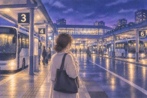 複数の乗り場が並ぶ夜のバスターミナル