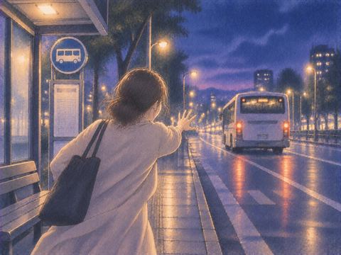 夜のバス停で走り去るバスを見送る人