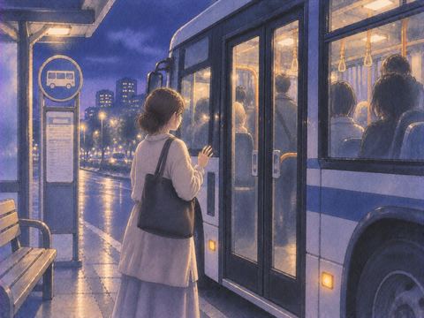 停車中のバスの閉じた扉の前に立つ人