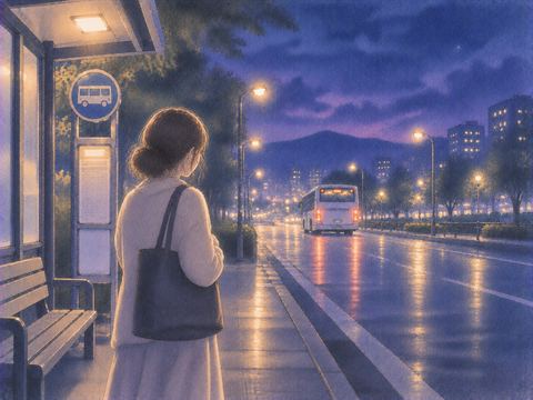 夜道で遠ざかるバスを見送る人