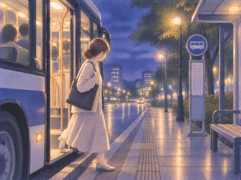 夜の停留所でバスから降りる人