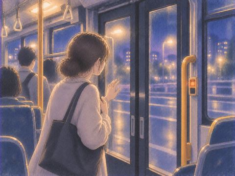 閉じたバスの扉の前で降りられず困る人