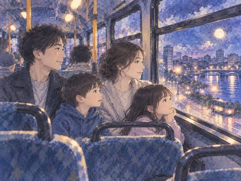 夜のバスで並んで座る家族