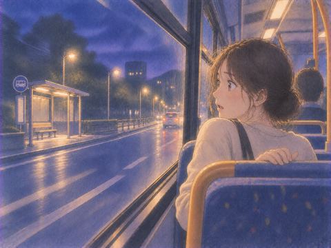 夜のバスで通り過ぎた停留所を振り返る人