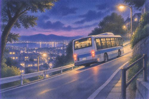 夜の急な坂道を進むバス