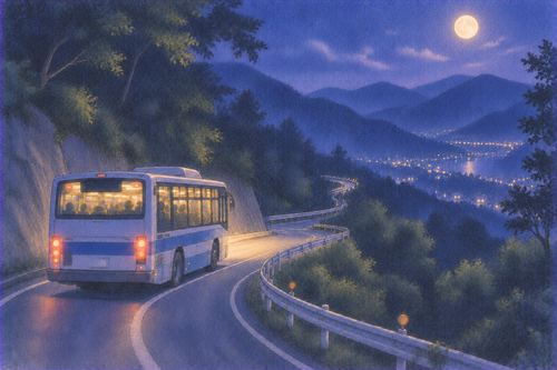 月明かりの山道をカーブしながら進むバス