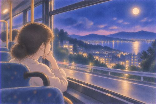 夜のバス窓から静かな街と月明かりの景色を見る人