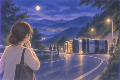 夜道で横向きになったバスを遠くから見る場面