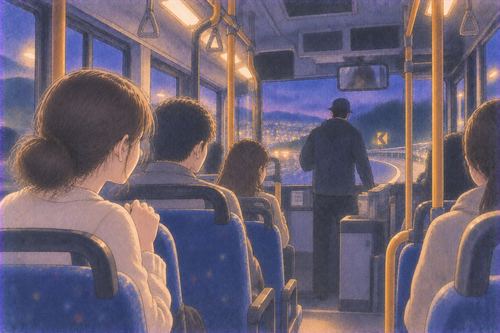 夜のバス車内で進行方向を気にする緊張した乗客たち